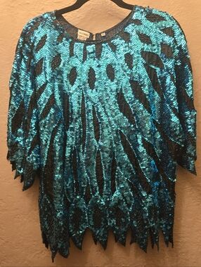 Vintage Silk Sequin Top Teal Black Beaded Party Statement Blouse